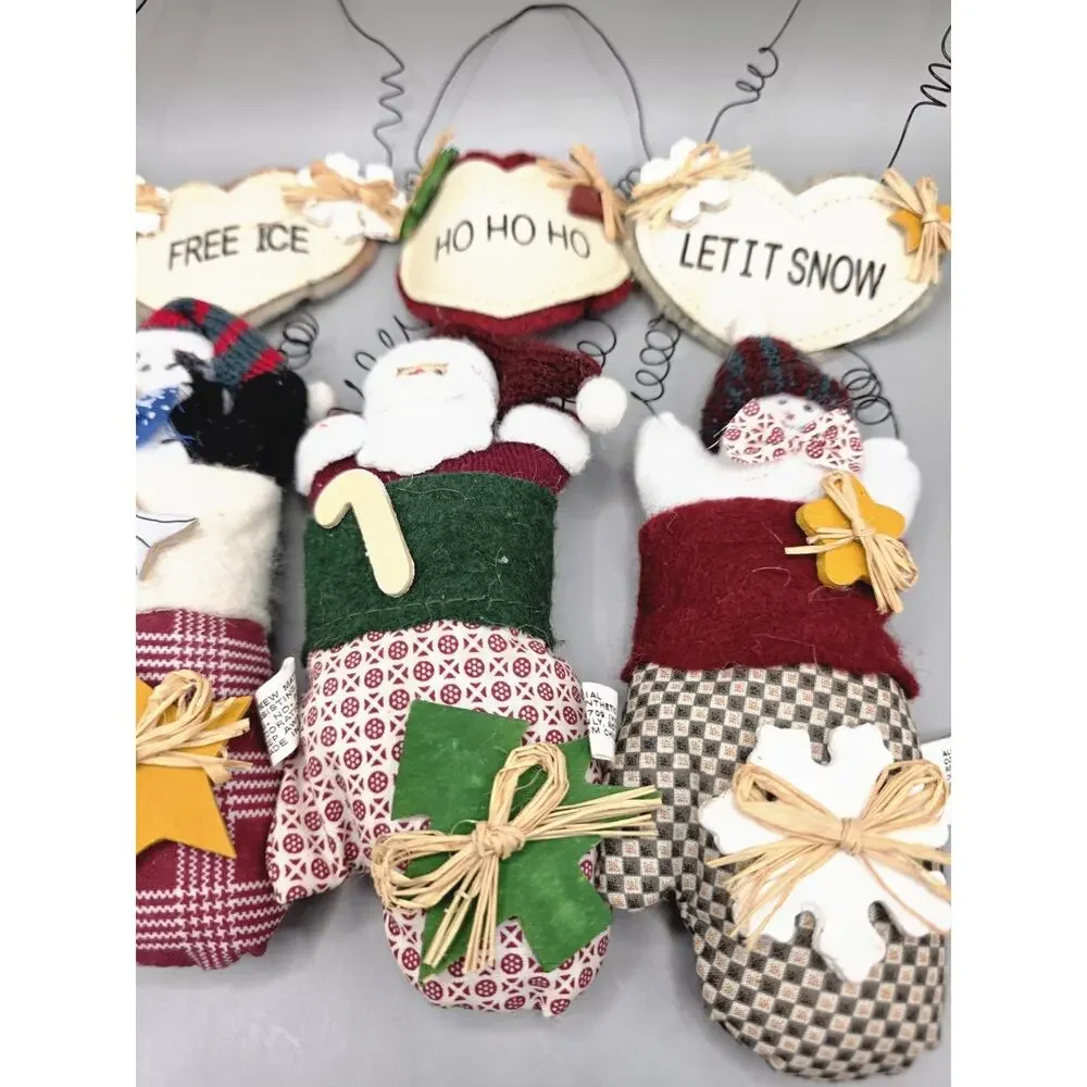 Vintage Country Primitive Christmas Mitten Wall Hanging Ornaments Lot of 4